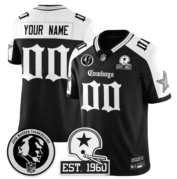 Men's Dallas Cowboys Active Player Custom Black/White 2025 F.U.S.E. With John Madden Patch & Established In 1960 Patch Vapor Limited Stitched Football Jersey